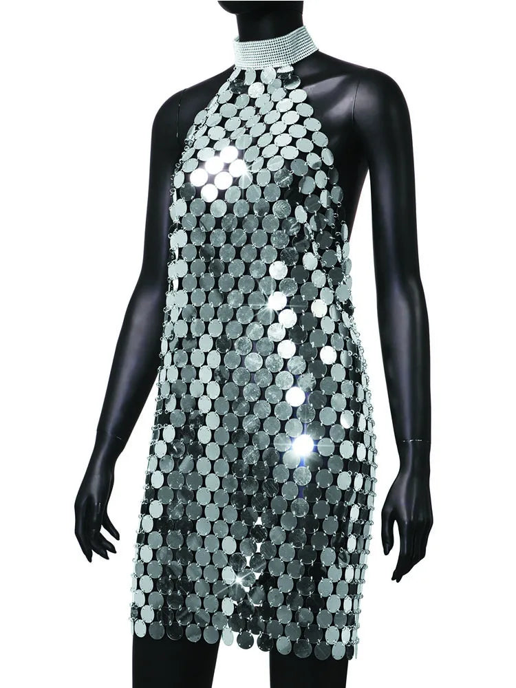 Vestido Curto De Lantejoulas Gola Halter Prata