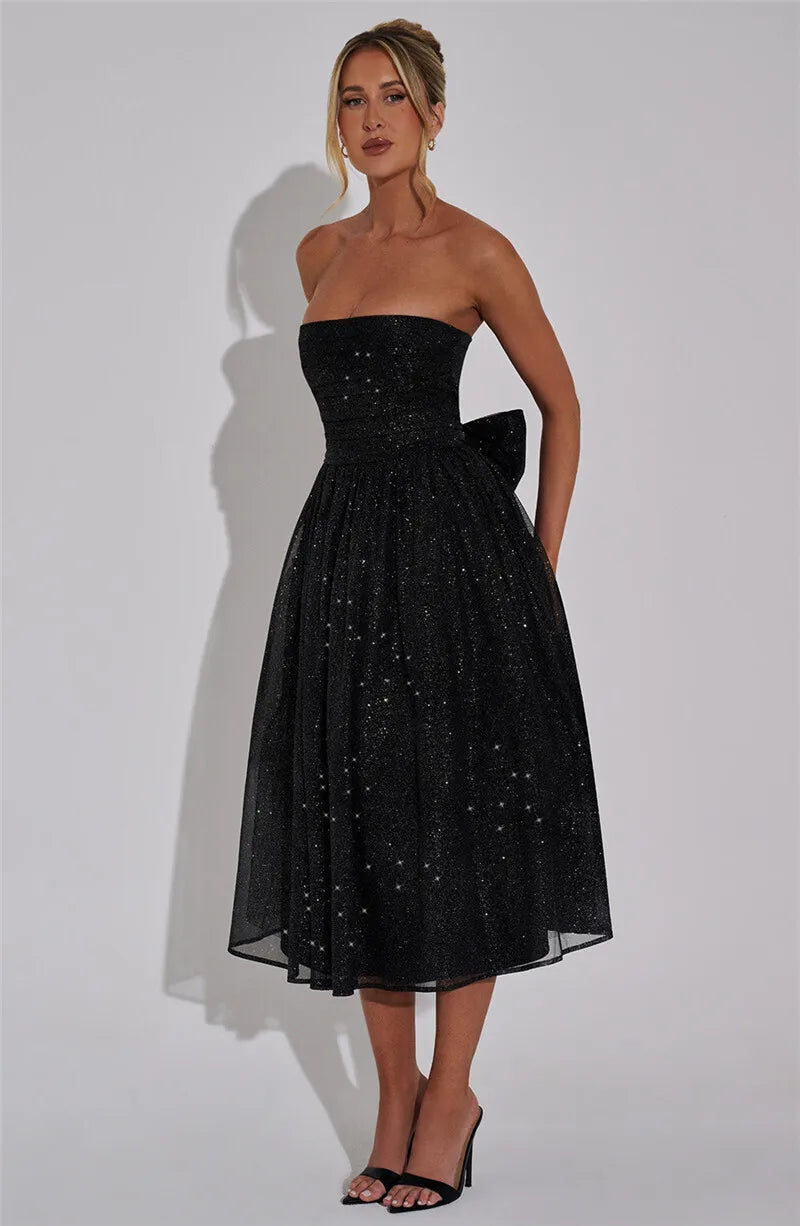 Vestido Midi Rodado Tomara Que Caia Em Lurex Brilhoso Bege