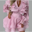 Vestido Curto Manga Longa Com Babados em Crepe Rosa