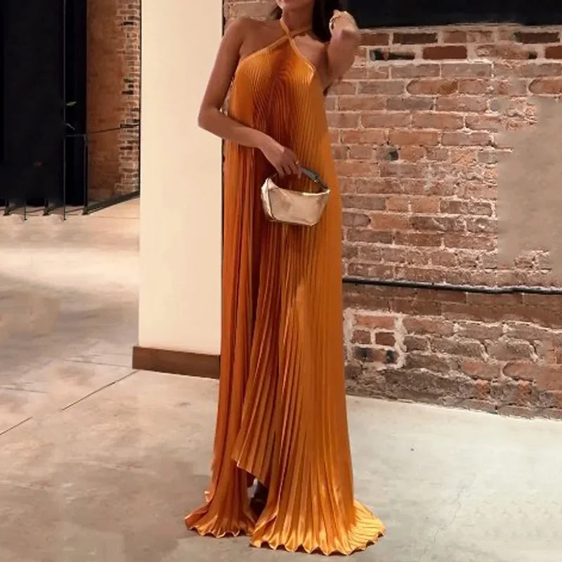 Vestido Longo Plissado Halter Com Amarração No Pescoço Laranja