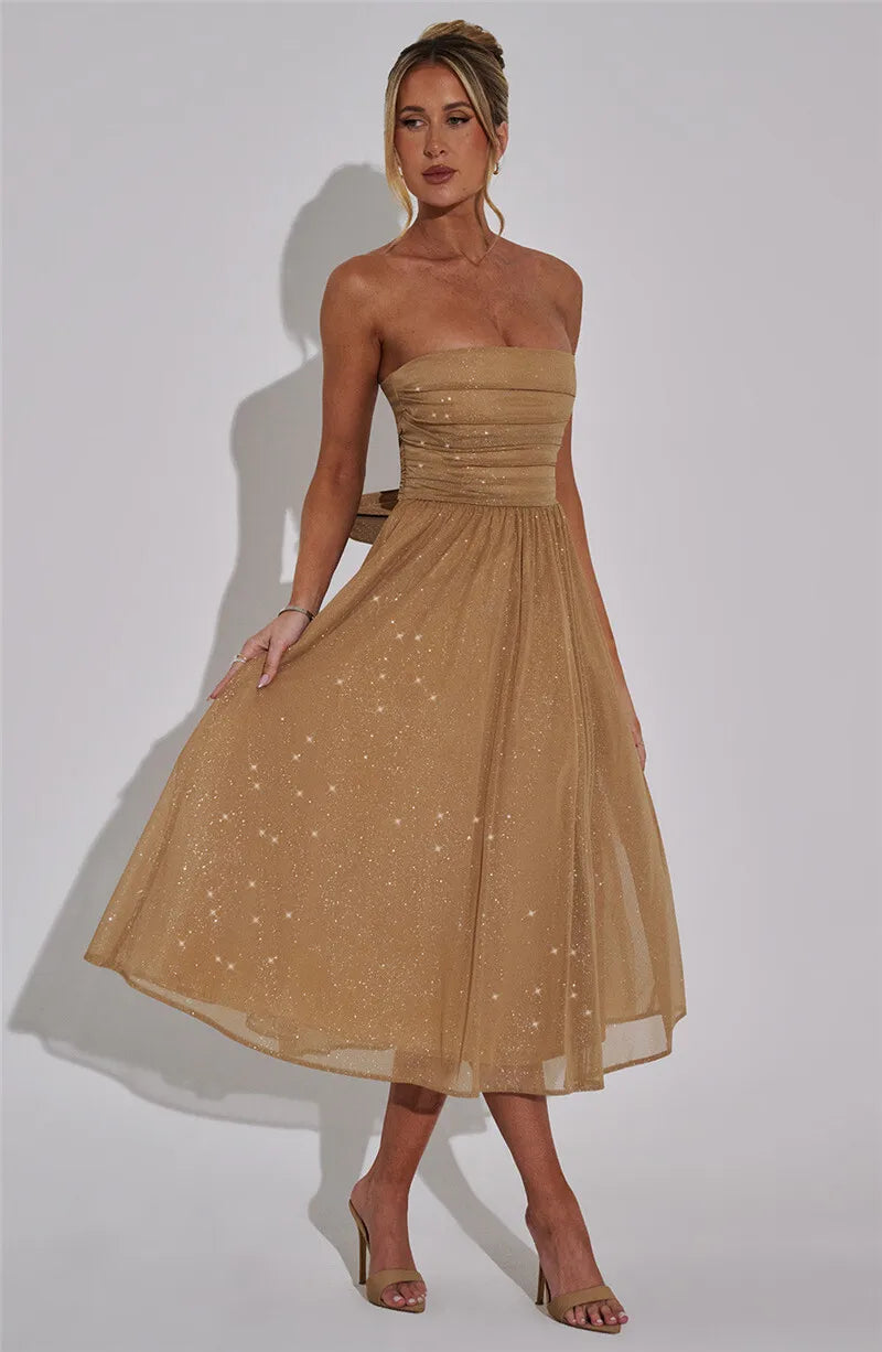 Vestido Midi Rodado Tomara Que Caia Em Lurex Brilhoso Bege