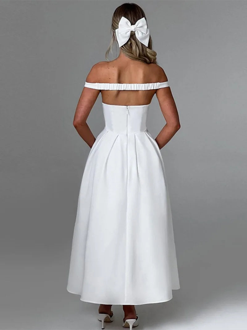 Vestido Longo Estruturado Rodado Ombro a Ombro Branco