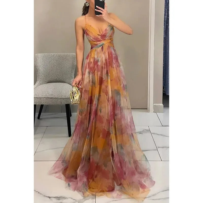 Vestido Longo Em Tule Com Alça Fina Estampa Floral Verde