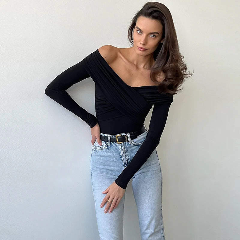 Body De Malha Ombro A Ombro Manga Longa Branco