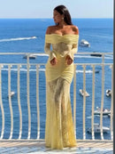 Vestido Longo Estilo Sereia Ombro a Ombro Amarelo