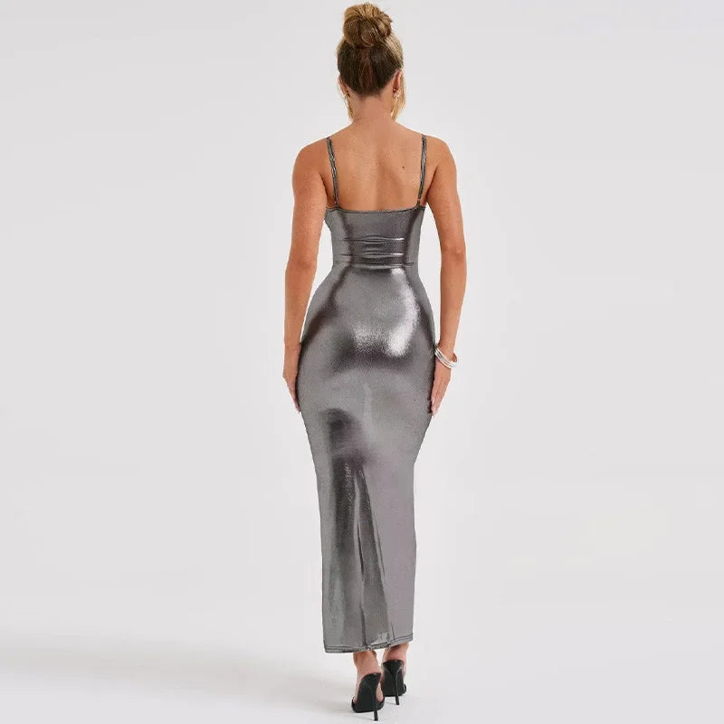 Vestido Midi Alça Fina Cintilante Cinza