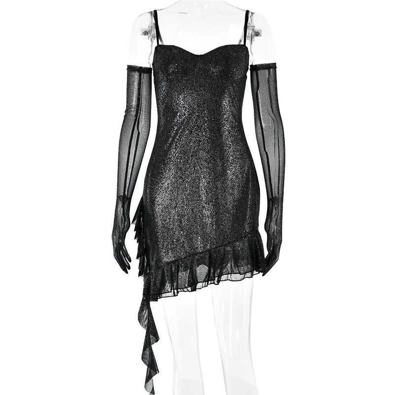 Vestido Curto Em Lurex Brilhoso Com Babados Preto