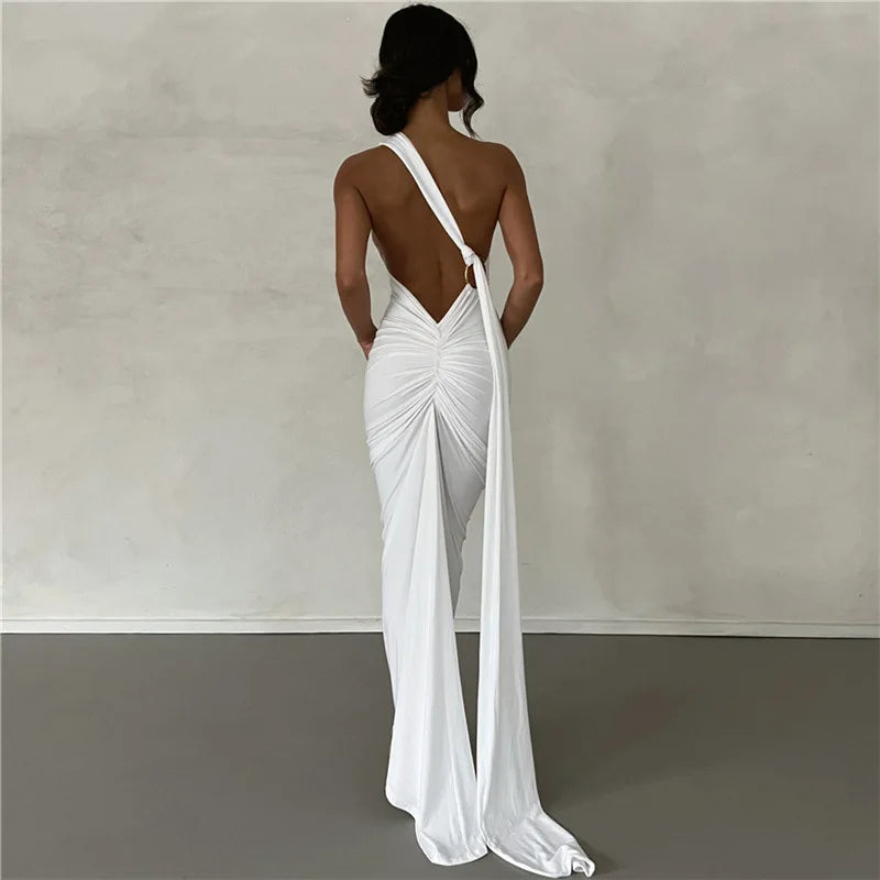 Vestido Longo Drapeado Um Ombro Só Preto