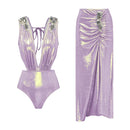 Conjunto 2 Peças Maiô e Saia Acetinado Dourado