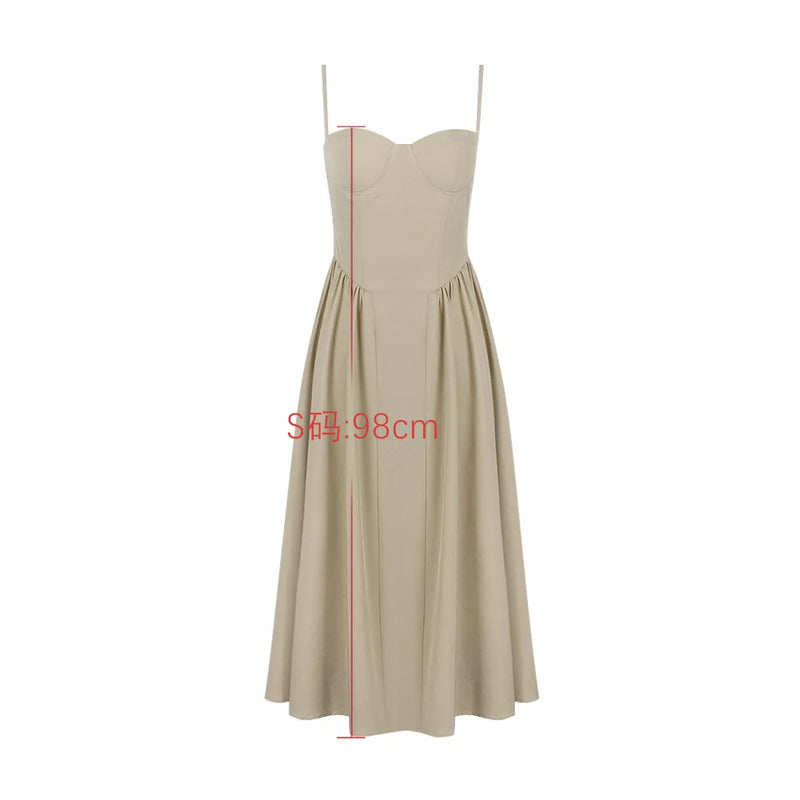Vestido Rodado Alça Fina Plissado Bege