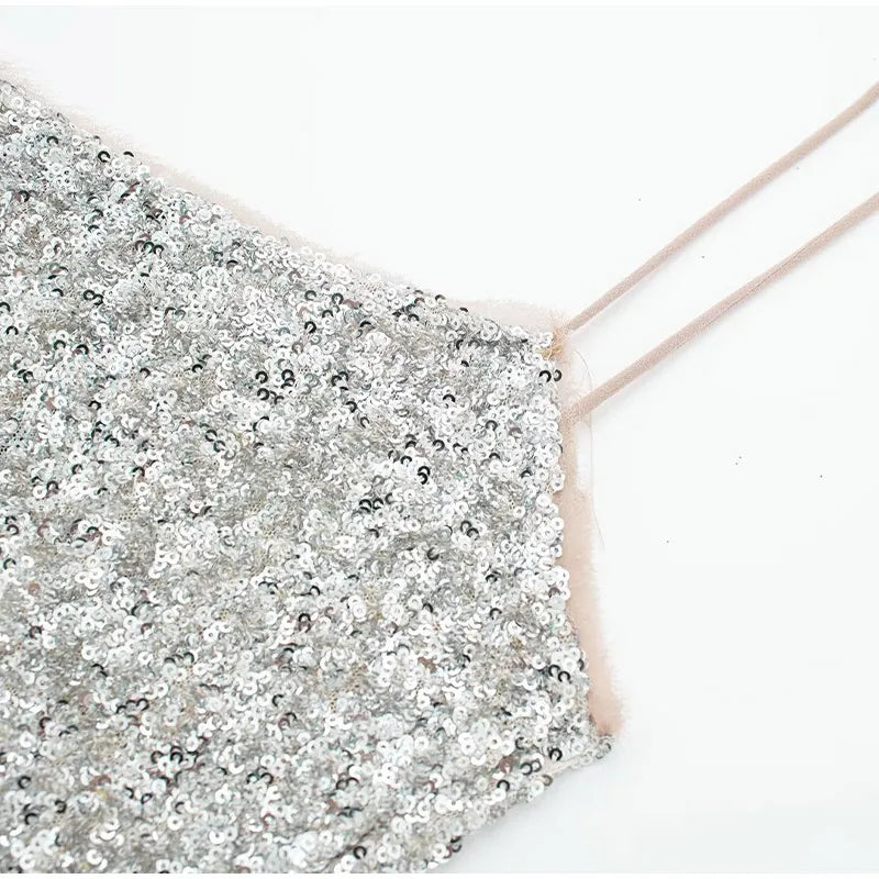 Vestido Midi De Paetês Alça Fina Prata