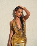 Vestido Longo Metalizado Gola V Dourado