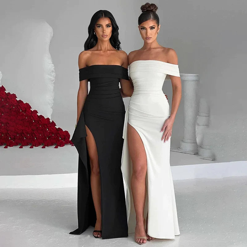 Vestido Ombro A Ombro Com Fenda Preto