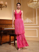 Vestido Longo De Malha Todo Em Franjas Pink