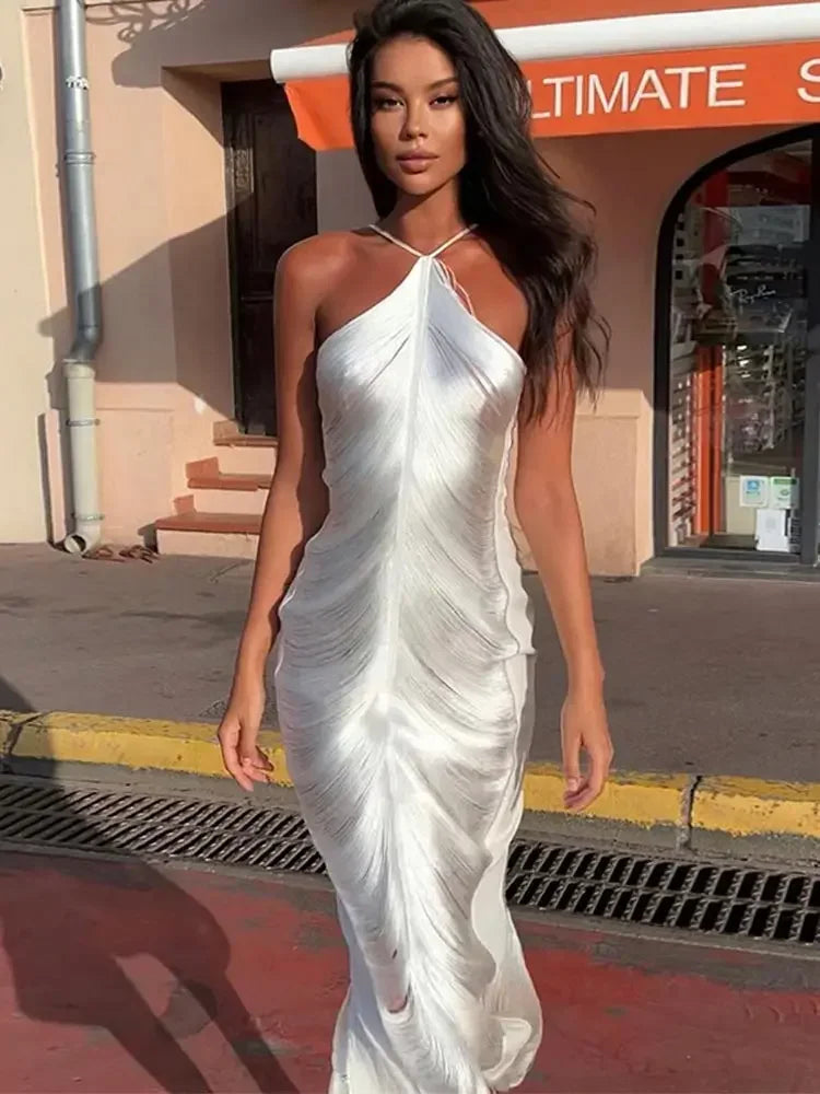 Vestido Midi De Franjas Gola Halter Dourado