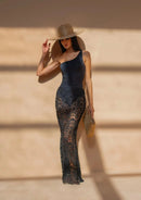 Conjunto 2 Peças Cropped e Saia Rendado Floral Preto