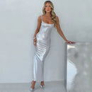 Vestido Midi Alça Fina Cintilante Cinza