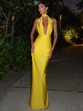 Vestido Longo Recorte Reto Com Fenda Amarelo