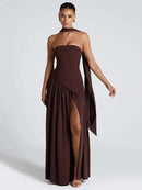 Vestido Longo Assimétrico Sobreposto Com Lenço Vermelho
