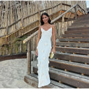 Vestido Longo Decote V Flores 3D Off White