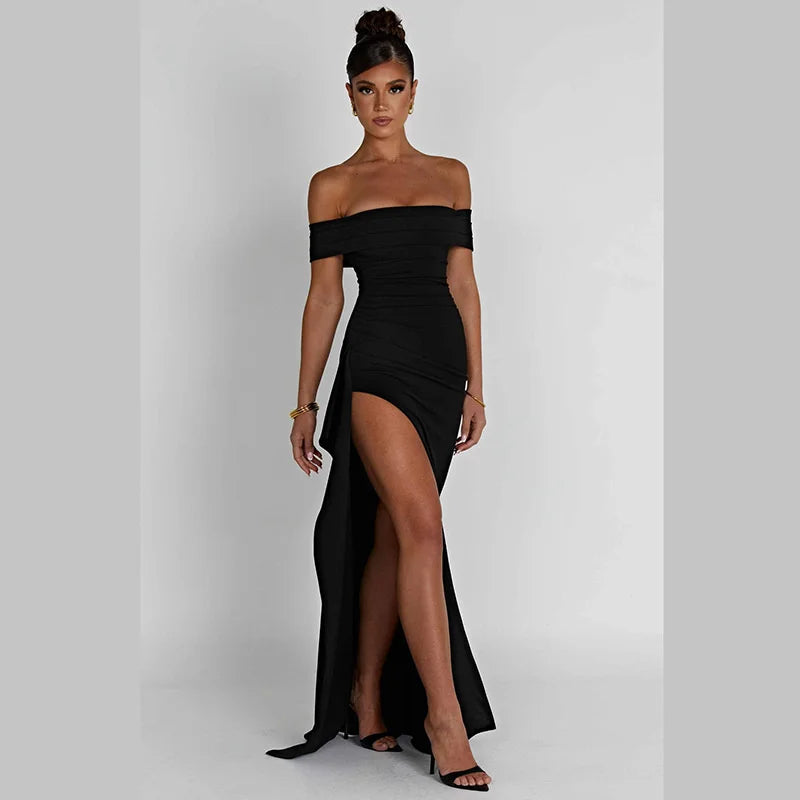 Vestido Ombro A Ombro Com Fenda Preto