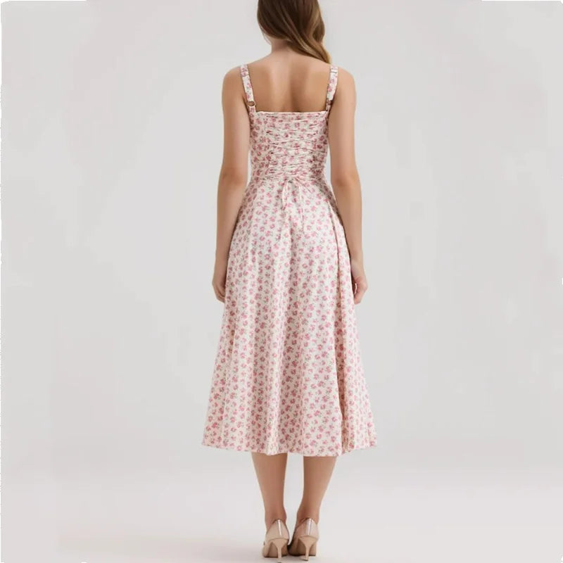 Vestido Midi Alça Fina Decote Coração Estampa Floral