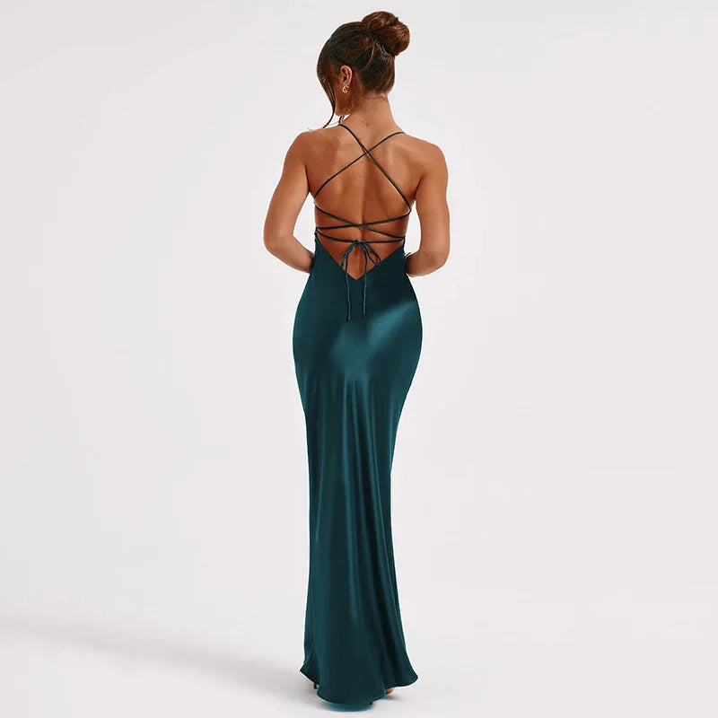 Vestido Longo De Cetim Decote Coração Azul
