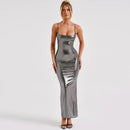 Vestido Midi Alça Fina Cintilante Preto