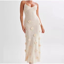 Vestido Longo Decote V Flores 3D Off White