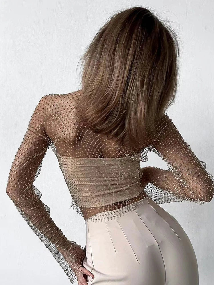 Blusa Manga Longa Translucida Com Strass