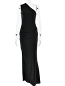 Vestido Longo Em Cetim Um Ombro Só Drapeado Azul