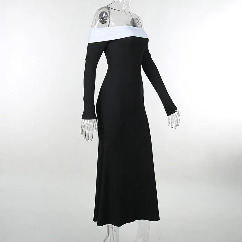 Vestido Longo Ombro a Ombro Com Manga Longa Preto