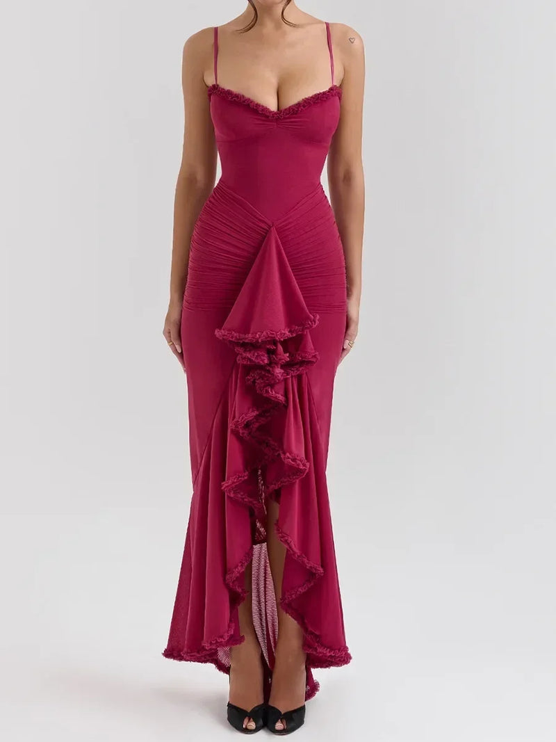 Vestido Longo Assimétrico Em Tule Com Fenda Vinho