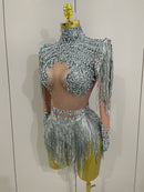 Macaquinho De Tule Manga Longa Com Pedrarias e Franjas