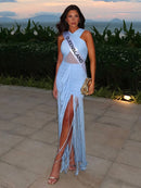 Vestido Longo Franzido de Malha com Recortes e Franjas Azul