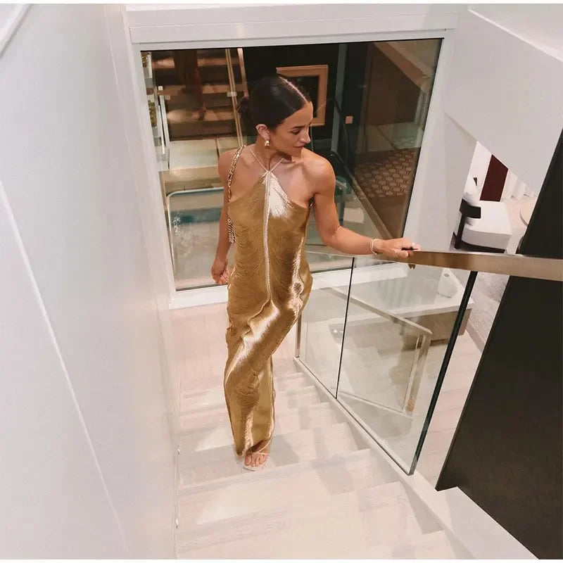 Vestido Midi De Franjas Gola Halter Dourado