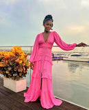 Vestido Longo Manga Longa Gola V Com Babados Verde