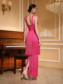 Vestido Longo De Malha Todo Em Franjas Pink