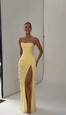 Vestido Longo Tomara Que Caia Com Fenda Drapeado Amarelo