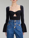 Blusa De Malha Premium Decote Borboleta Manga Longa Com Babados Azul