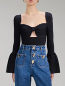 Blusa De Malha Premium Decote Borboleta Manga Longa Com Babados Azul