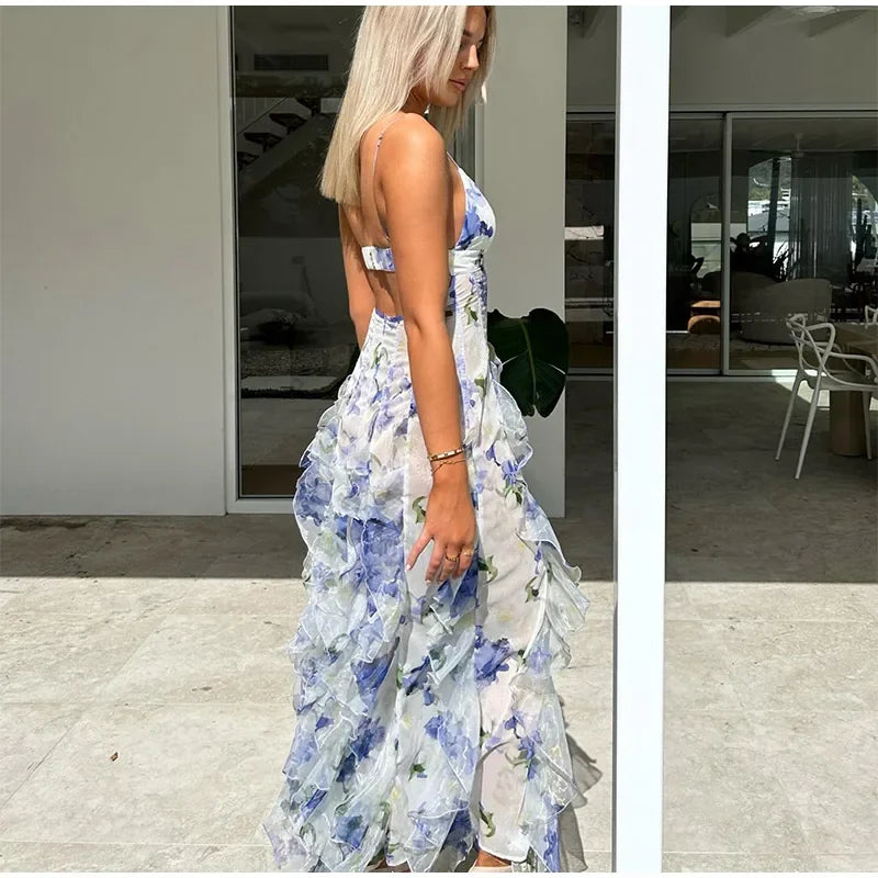 Vestido Longo Com Babados Alça Fina Floral