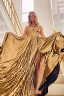 Vestido Longo Metalizado Plissado Dourado