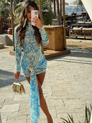 Vestido Curto Estampado Em Tule Manga Longa Com Cauda Azul