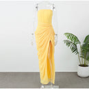 Vestido Longo Tomara Que Caia Com Fenda Drapeado Amarelo