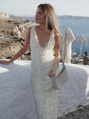 Vestido Longo Com Fenda Flores 3D Off White