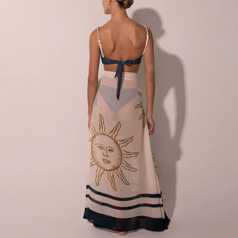 Conjunto 2 Peças Biquíni e Saia Estampa Solar Azul Marinho