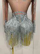 Macaquinho De Tule Manga Longa Com Pedrarias e Franjas