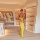 Vestido Longo Em Cetim Com Amarração No Pescoço Amarelo