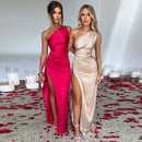 Vestido Longo De Cetim Um Ombro Só Com Fenda Vermelho